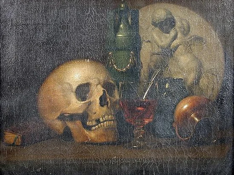 1809-Thomas Brigstocke - Una natura morta Vanitas, con un teschio, un Roemer, un vaso verde e una placca di marmo con putti che si abbracciano